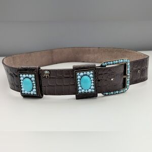 Women's Bohemian Whimsigoth Chunky Brown Leather Belt with Turquoise Accents